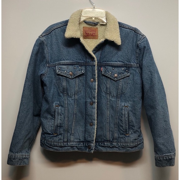 LEVIS Sherpa Lined Denim Trucker Jacket Men's Size L Blue Jean Vintage snap - Picture 16 of 16